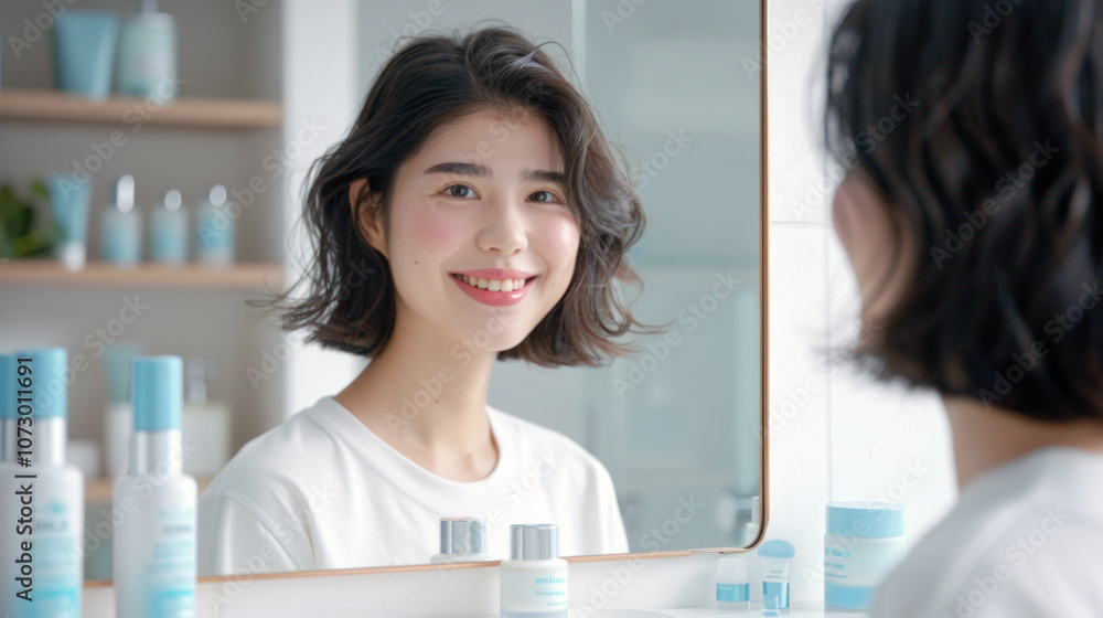 A young woman with short, wavy hair smiles at her reflection in a well-lit bathroom. She appears joyful while examining her skin and enjoying a morning skincare routine. A young woman with short, wavy hair smiles at her reflection in a well-lit bathroom. She appears joyful while examining her skin and enjoying a morning skincare routine.