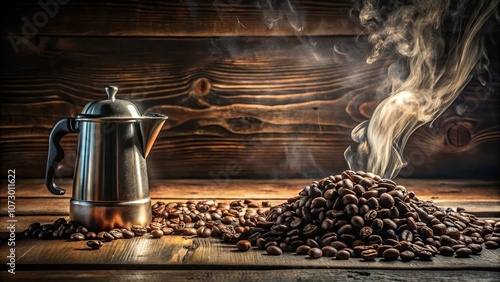 The Essence of Coffee A Metallic Pot, Aromatic Beans, and a Plume of Steam, All Embracing a Rustic Wooden Background photo