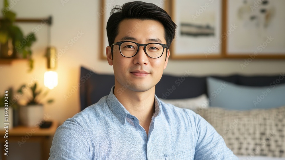 Fototapeta premium Confident Young Man in Casual Attire Relaxing at Home