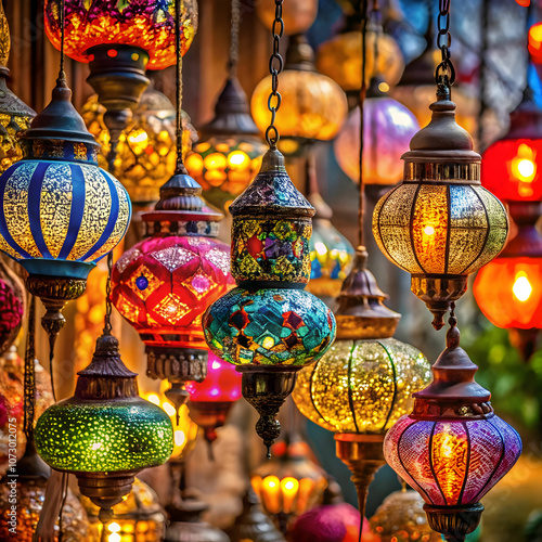 Hanging lanterns, known as kandils, in various shapes photo