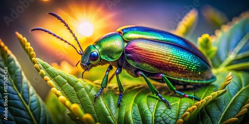 Aerial Photography of a Vibrant Watercolor Beetle in a Natural Habitat, Capturing the Intricate Patterns and Colors of Nature from Above, Highlighting the Beauty of Insects