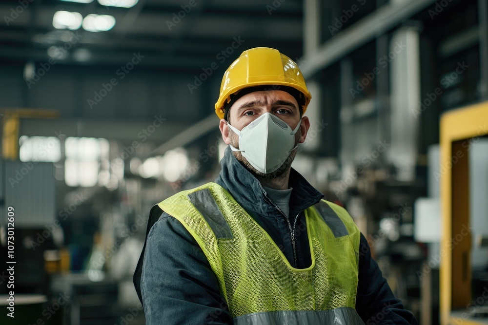 A worker wearing a protective mask in a factory surrounded by machinery. A worker wearing a protective mask in a factory surrounded by machinery.