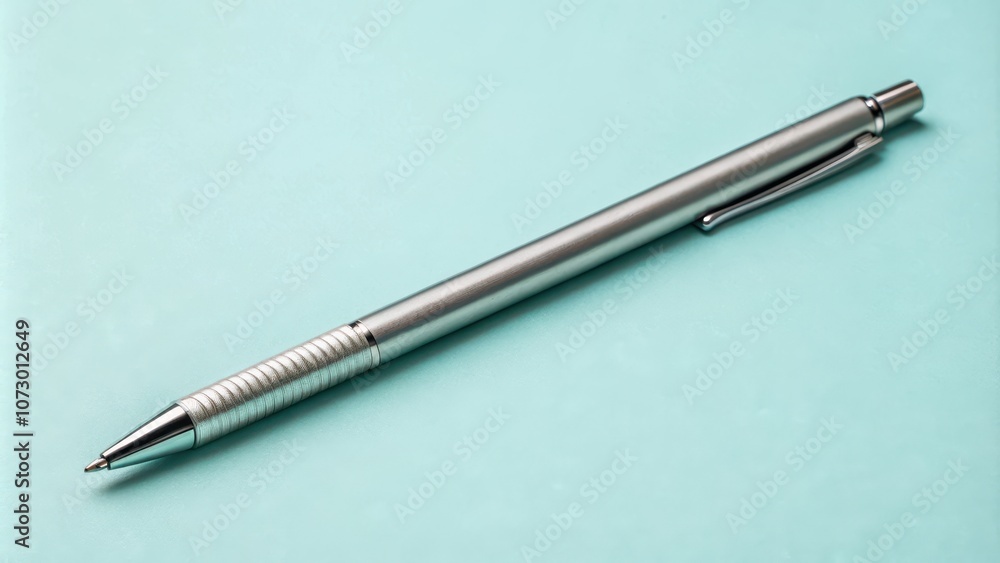A silver pen resting on a pale blue surface, ready to capture thoughts and ideas A silver pen resting on a pale blue surface, ready to capture thoughts and ideas