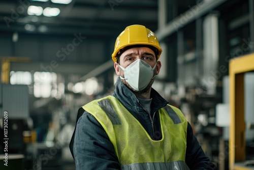 A worker wearing a protective mask in a factory surrounded by machinery.