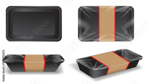 Set Illustration of Black Plastic Tray with Brown Paper Band and Transparent Film Wrap for Frozen Meat Products
