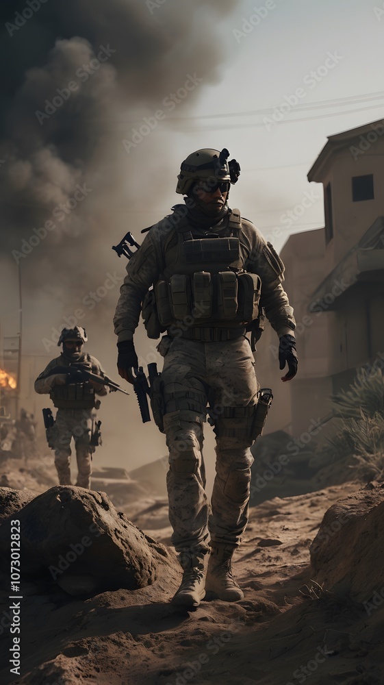 Brave soldiers navigating a dusty urban battlefield under ominous smoke and chaos during a tense military operation. Generative AI Brave soldiers navigating a dusty urban battlefield under ominous smoke and chaos during a tense military operation. Generative AI