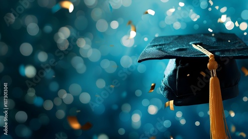 Gradution Cap with Confetti Background, Graduation Day Concept Flying graduation caps on the air with golden confetti for graduates colleges party