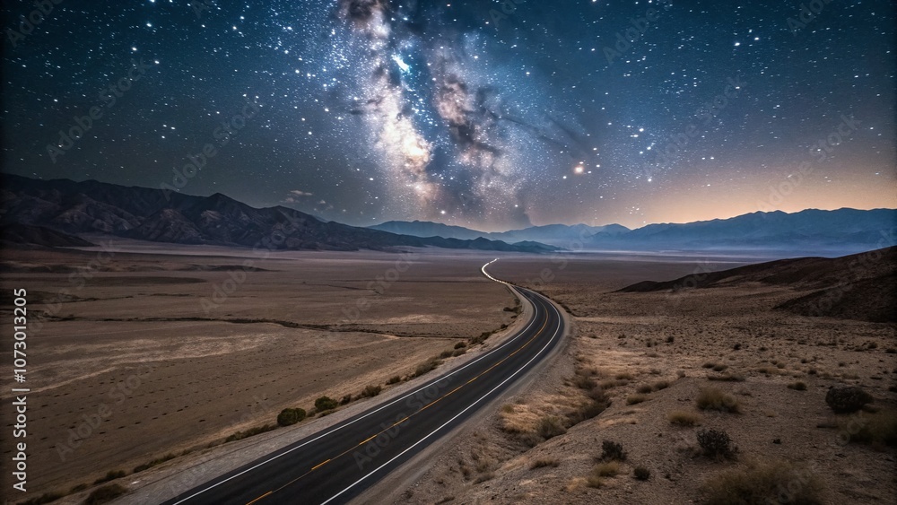 Fototapeta premium Aerial View of a Dark Desert Highway at Night with Starry Sky and Distant Mountains, Perfect for Capturing the Tranquility and Mystery of Remote Landscapes