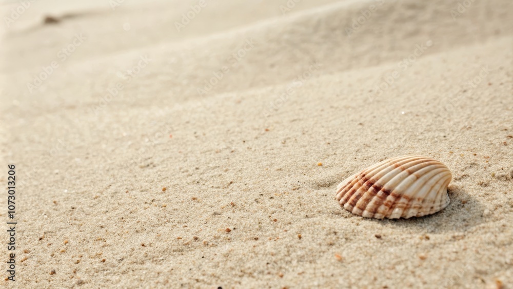 A Single Seashell Rests on a Soft Sandy Beach, Its Smooth Surface Reflecting the Warm Glow of the Sun A Single Seashell Rests on a Soft Sandy Beach, Its Smooth Surface Reflecting the Warm Glow of the Sun