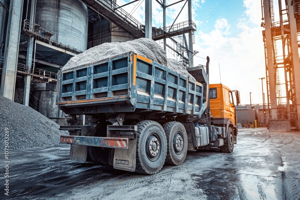 Naklejka premium A heavy-duty truck unloading raw materials at an industrial facility.