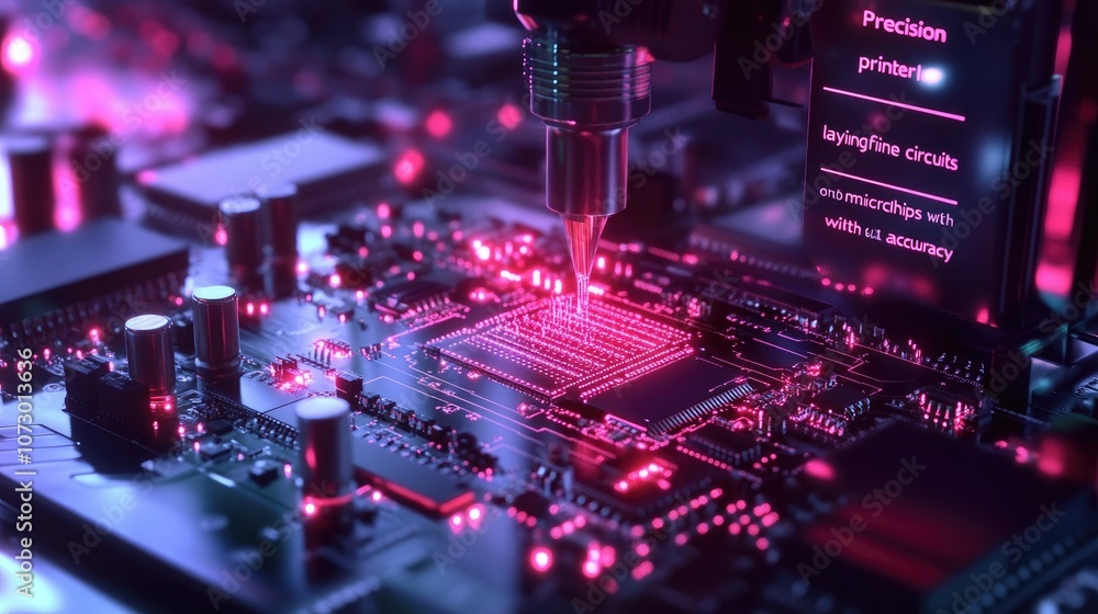 Precision printer laying fine circuits onto microchips with accuracy Precision printer laying fine circuits onto microchips with accuracy