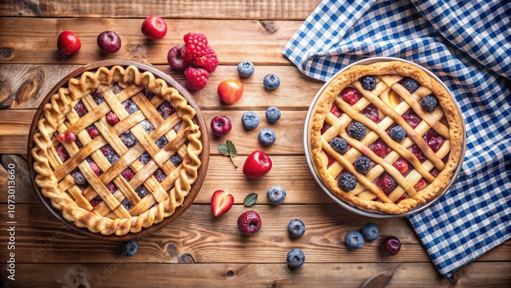 Two fruit pies on a wooden table with scattered berries, a rustic setting for a sweet treat Two fruit pies on a wooden table with scattered berries, a rustic setting for a sweet treat
