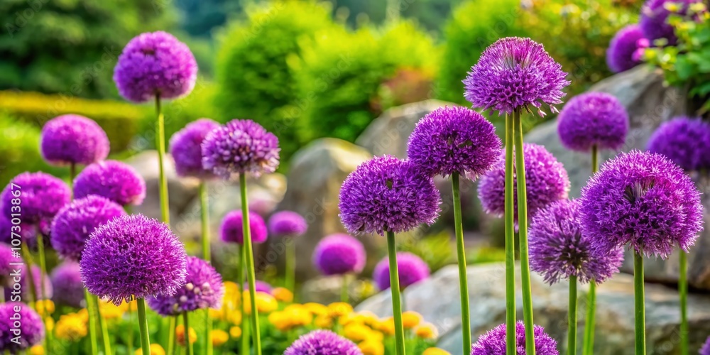 Aerial View of a Lush Garden Filled with Blooming Purple Allium Flowers Surrounded by Green Leaves and Softly Blurred Background of Colorful Blooms and Natural Rock Features Aerial View of a Lush Garden Filled with Blooming Purple Allium Flowers Surrounded by Green Leaves and Softly Blurred Background of Colorful Blooms and Natural Rock Features