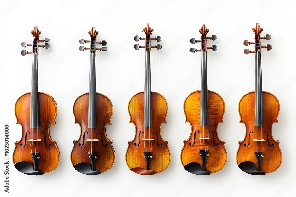 Fototapeta premium Five violins lined up on a white isolated background.