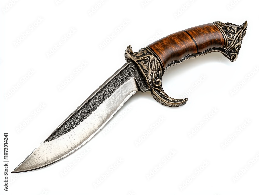 Ornate decorative knife with wooden handle, isolated on white background. Ornate decorative knife with wooden handle, isolated on white background.
