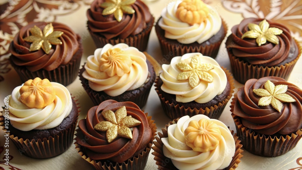 A delightful assortment of chocolate cupcakes adorned with delicate gold accents and creamy vanilla frosting. A delightful assortment of chocolate cupcakes adorned with delicate gold accents and creamy vanilla frosting.
