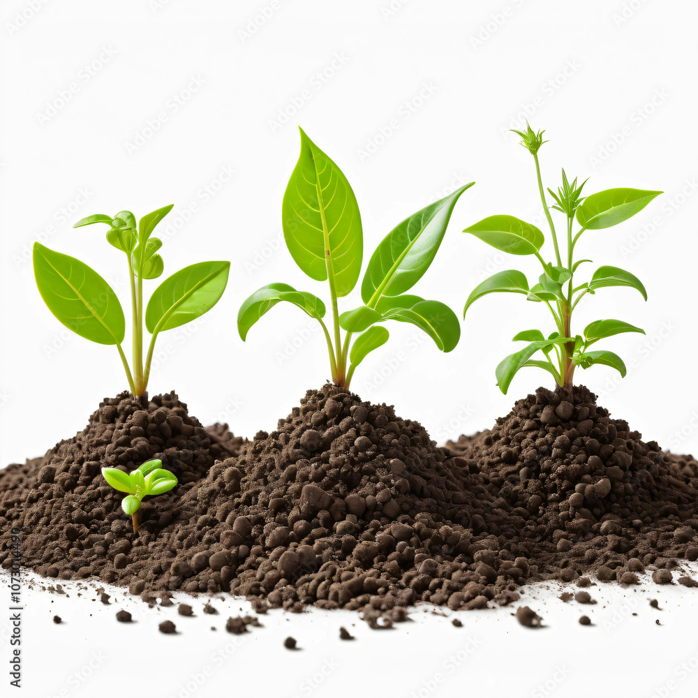 Four green plants growing in soil, isolated on a white background. Perfect for nature, ecology, and growth-themed projects. Four green plants growing in soil, isolated on a white background. Perfect for nature, ecology, and growth-themed projects.