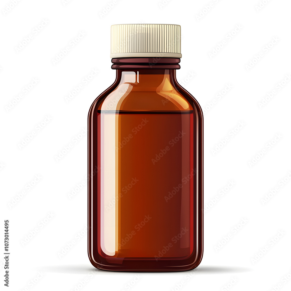 Brown glass medicine bottle with white cap isolated on white background, used for liquid medication, representing pharmaceutical packaging, healthcare, medical storage, and pharmaceutical industry Brown glass medicine bottle with white cap isolated on white background, used for liquid medication, representing pharmaceutical packaging, healthcare, medical storage, and pharmaceutical industry