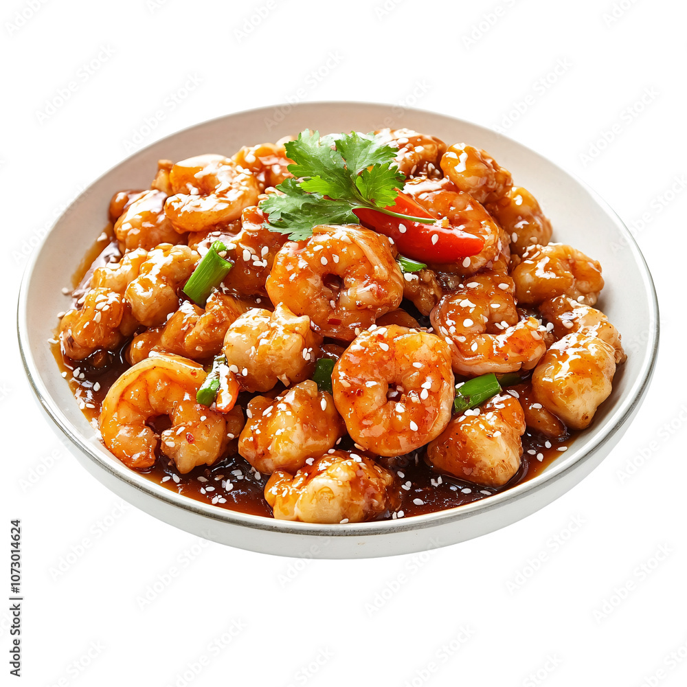 Spicy stir-fried shrimp with vegetables isolated with transparent background. Spicy stir-fried shrimp with vegetables isolated with transparent background.
