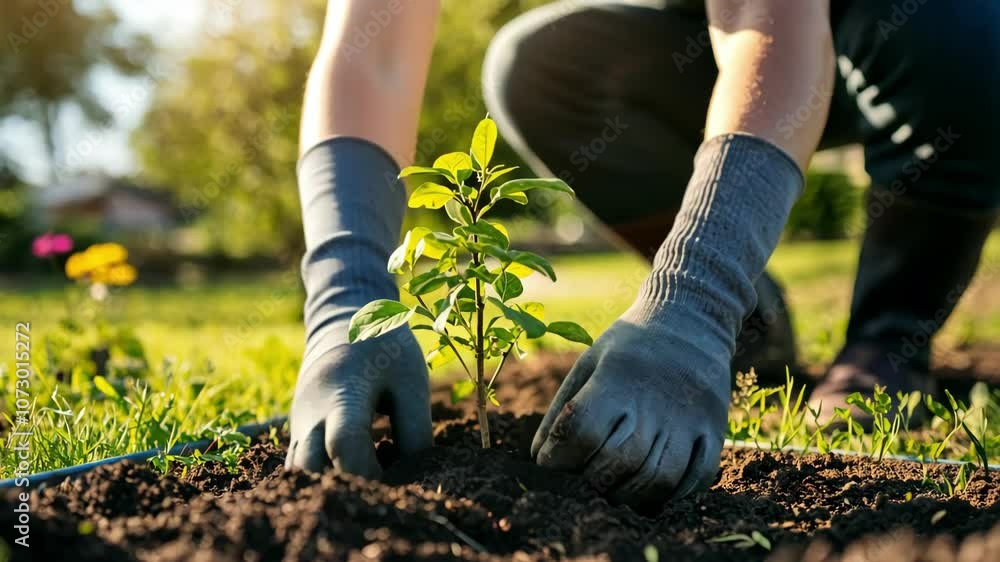 Sunny Spring Gardening: Close-Up of Planting a Sapling in a Flourishing Backyard Sunny Spring Gardening: Close-Up of Planting a Sapling in a Flourishing Backyard