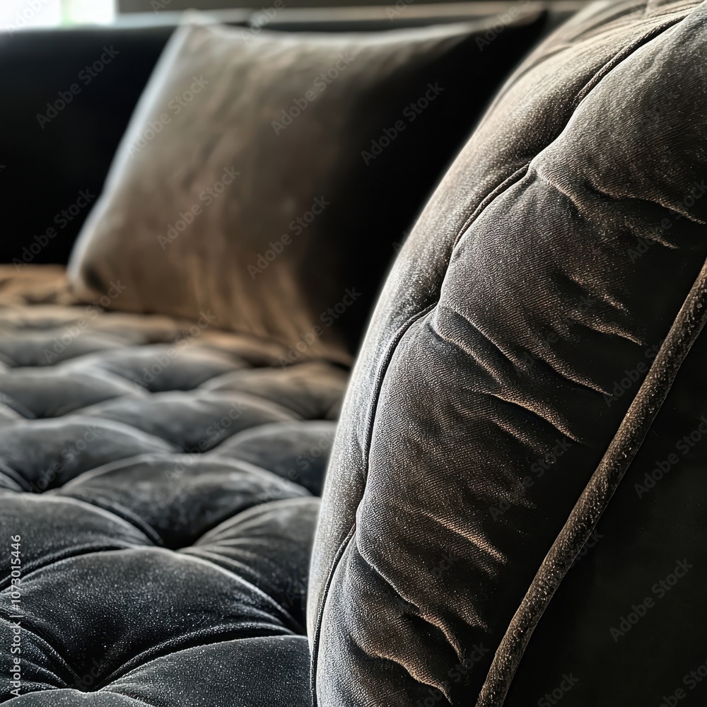 Obraz premium Textured Upholstery Close-Up of a Soft Black Couch with Contemporary Design Highlighting Cushions and Detailed Stitching in a Naturally Lit Room