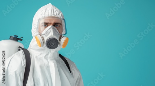 person in protective gear with respirator and backpack sprayer stands against blue background, highlighting safety and health awareness photo