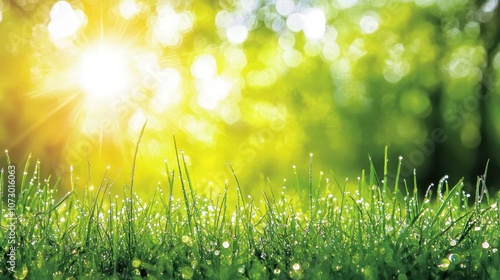 Fresh Morning Dew on Vibrant Green Grass Illuminated by Soft Sunlight in a Serene Natural Setting for Peaceful Outdoor Scenes and Nature Photography