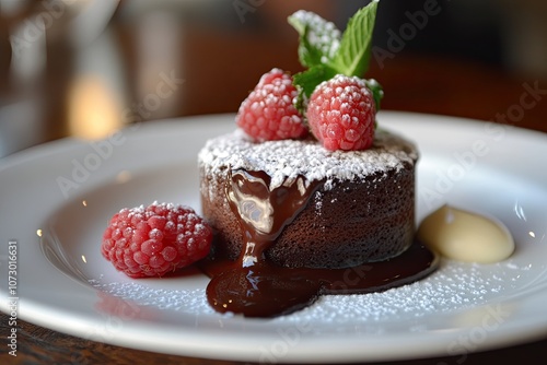 Chocolate lava cake or molten core cake with raspberries on white plate