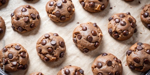 Close-up of freshly baked chocolate chip cookies resting on parchment paper after being removed from the oven, the soft brown dough covered in melty chocolate chips, ready to be enjoyed.