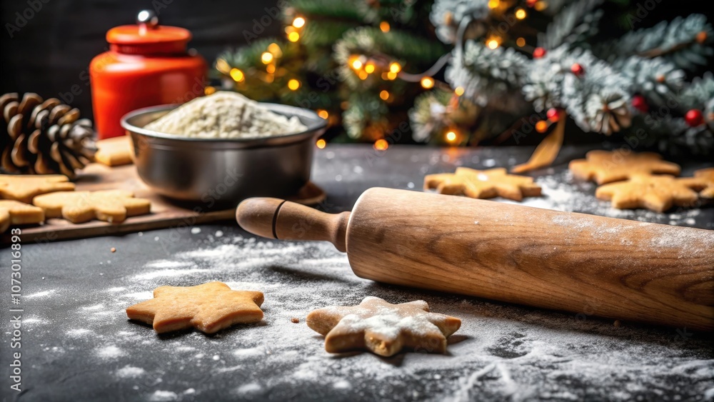 Fototapeta premium Festive Baking Scene with Star-Shaped Cookies, a Wooden Rolling Pin, and a Bowl of Flour, Ready for Christmas Treats
