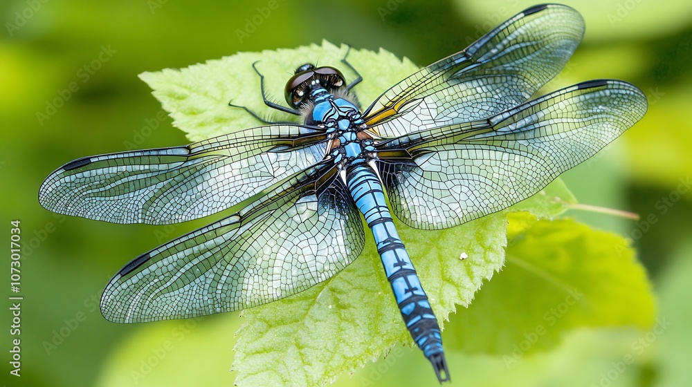 A vibrant blue dragonfly perched on a green leaf, showcasing its intricate wings. A vibrant blue dragonfly perched on a green leaf, showcasing its intricate wings.