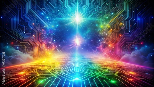 Cosmic Circuitry A Starburst of Digital Energy Converges on a Celestial Horizon of Rainbow Hues