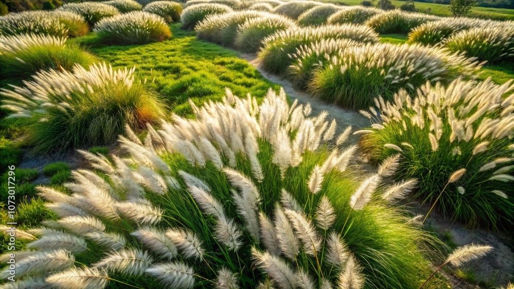 Aerial View of Pennisetum setaceum - The Fountain Grass in Lush Green Landscape Showcasing Its Unique Feather-like Plumes and Graceful Movement in the Gentle Breeze Aerial View of Pennisetum setaceum - The Fountain Grass in Lush Green Landscape Showcasing Its Unique Feather-like Plumes and Graceful Movement in the Gentle Breeze
