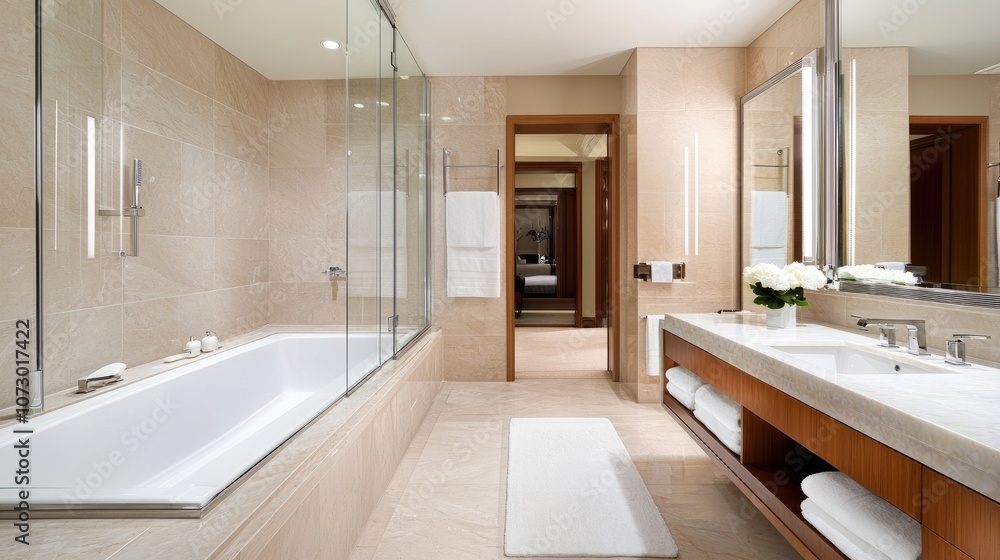 Luxurious and Spacious Modern Bathroom with Elegant Design Featuring Bathtub, Large Mirrors, and Stylish Fixtures for a Serene Atmosphere