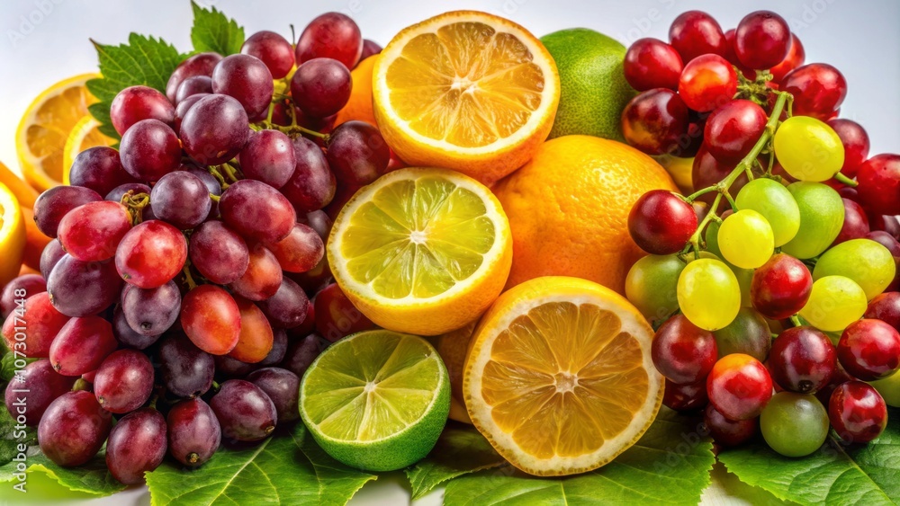 Vibrant Composition of Red and Green Grapes, Fresh Oranges, and Zesty Lemons on a Background for Culinary and Healthy Lifestyle Imagery Vibrant Composition of Red and Green Grapes, Fresh Oranges, and Zesty Lemons on a Background for Culinary and Healthy Lifestyle Imagery