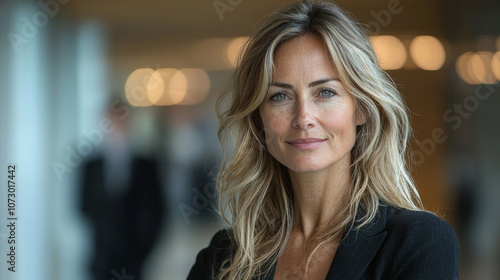 Elegant Woman in Blazer at Modern Office for Stylish Corporate Portrait