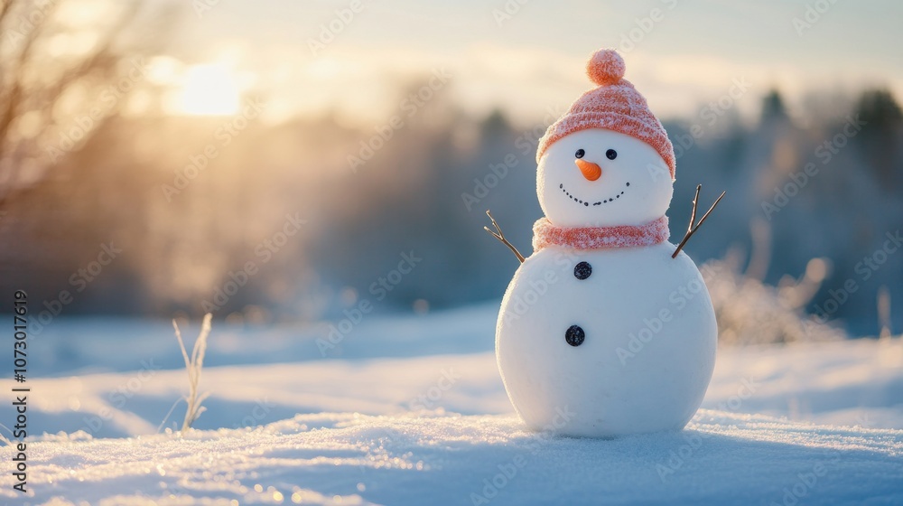 Fototapeta premium Panoramic view of happy snowman in winter secenery with copy space