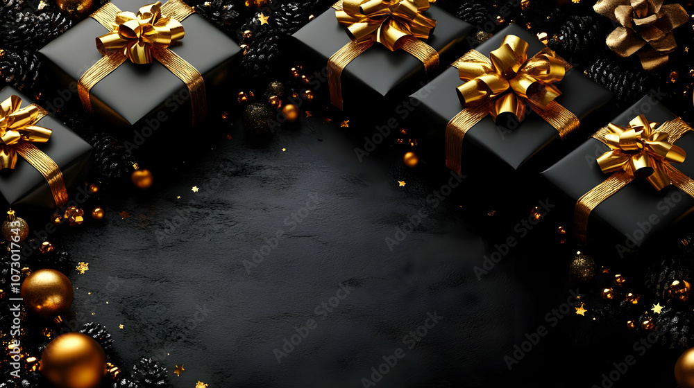Black and Gold Christmas Gift Boxes on Black Background Black and Gold Christmas Gift Boxes on Black Background