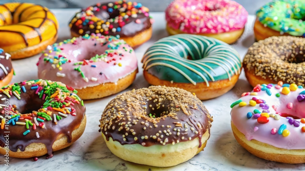 A medley of colorful donuts with various toppings, including chocolate, sprinkles, and nuts, arranged on a white marble surface. A medley of colorful donuts with various toppings, including chocolate, sprinkles, and nuts, arranged on a white marble surface.