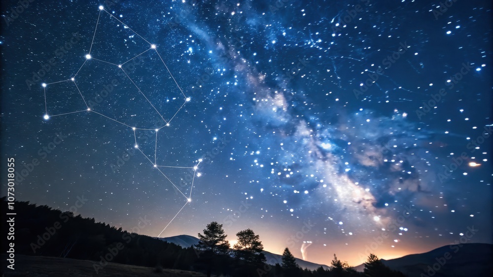 A constellation shines brightly against a backdrop of a starry night sky, the Milky Way stretching across the horizon, illuminating the distant hills. A constellation shines brightly against a backdrop of a starry night sky, the Milky Way stretching across the horizon, illuminating the distant hills.