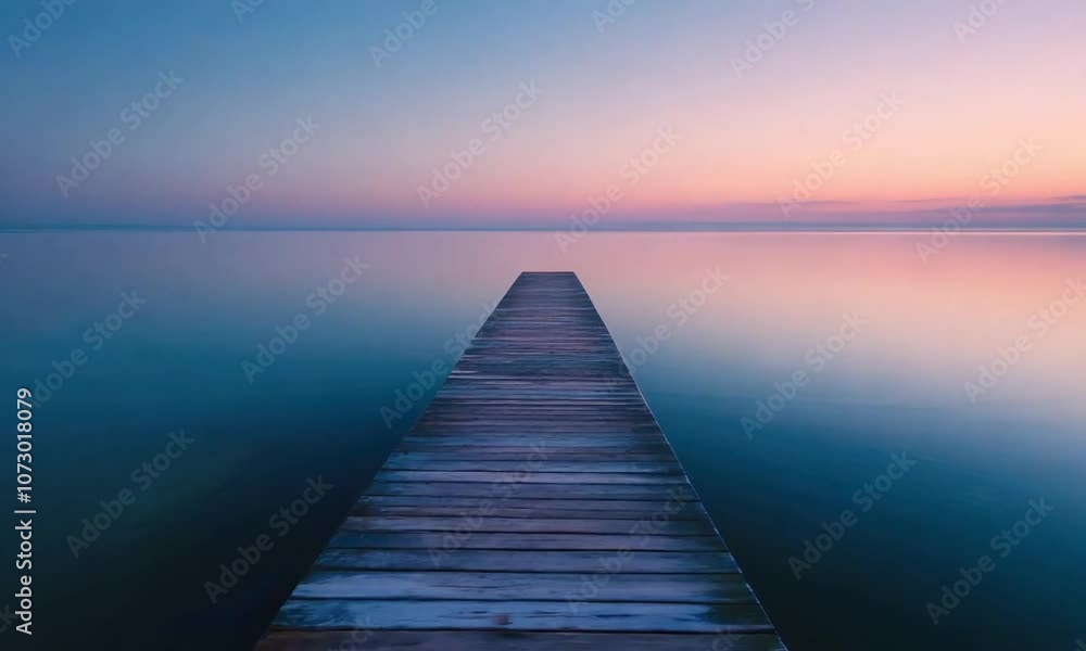 Serene Wooden Pier Extending into Calm Waters at Sunset with Vibrant Sky Serene Wooden Pier Extending into Calm Waters at Sunset with Vibrant Sky
