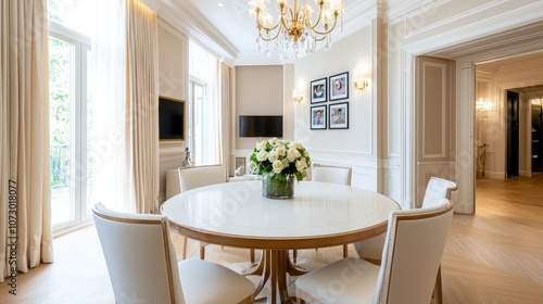 Wallpaper Mural Elegant and Modern Dining Room Space Featuring a Round Table with Fresh Flowers and Stylish Decor Ideal for Upscale Interior Design Inspiration Torontodigital.ca