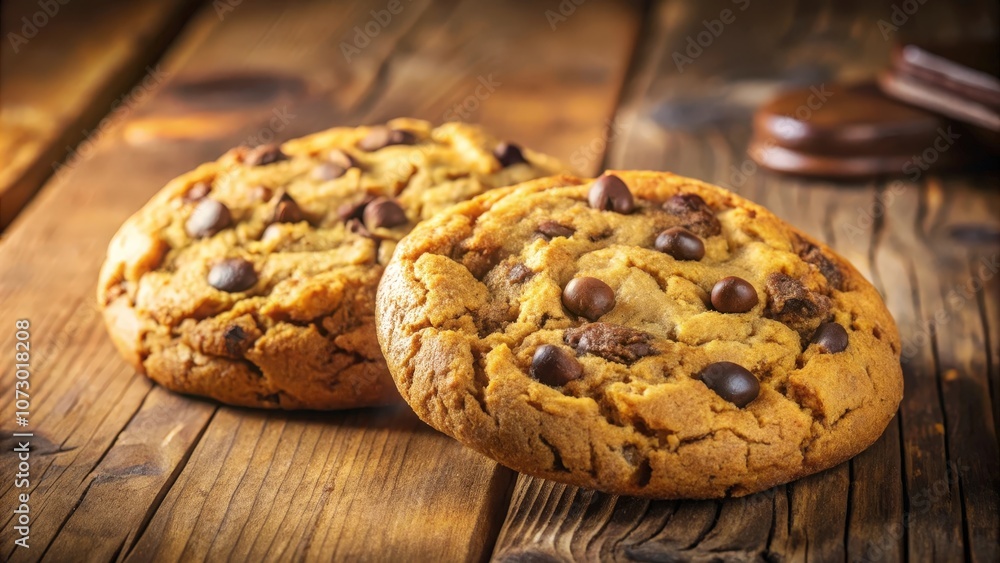 A close-up shot of two freshly baked chocolate chip cookies on a rustic wooden table, the golden brown cookies are studded with chocolate chips and have a soft, inviting texture. A close-up shot of two freshly baked chocolate chip cookies on a rustic wooden table, the golden brown cookies are studded with chocolate chips and have a soft, inviting texture.