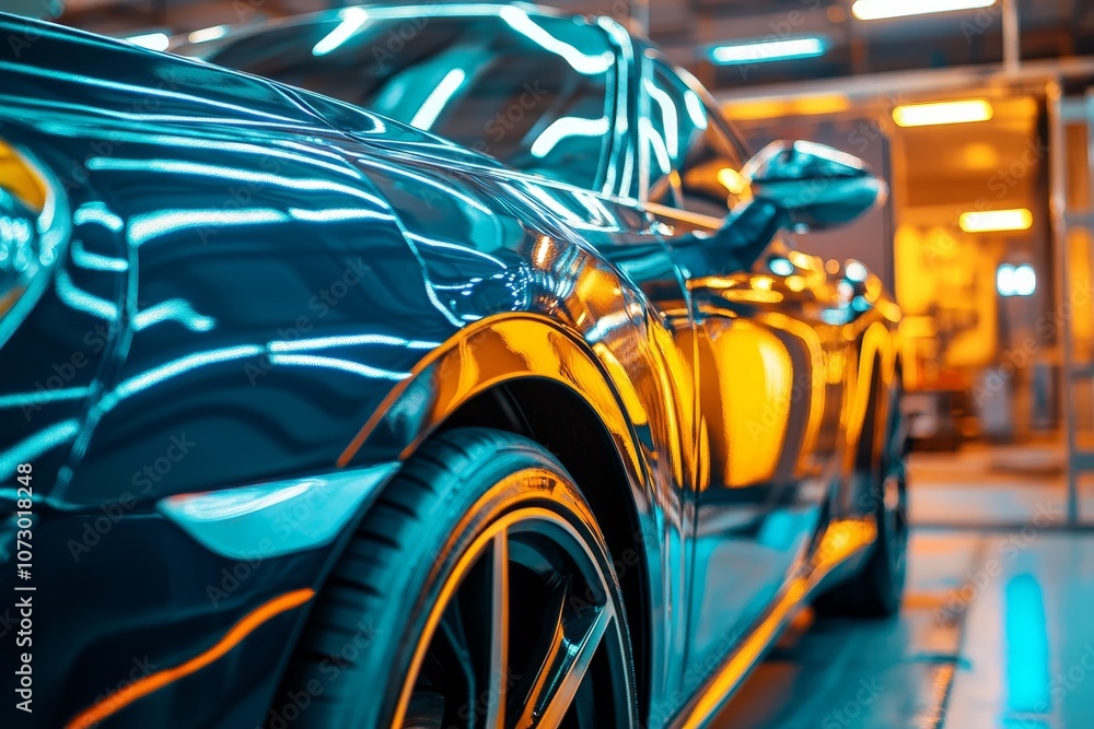 Fototapeta premium Automobile repair and car painting process inside a specialized workshop chamber for vehicles