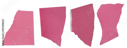 Isolated set of torn pink pieces of matte paper on white background