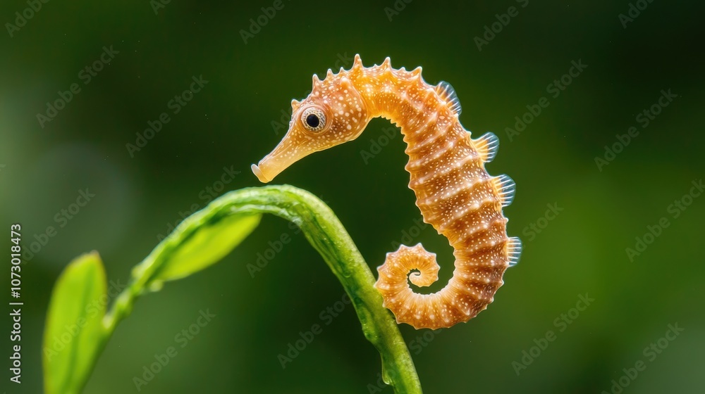 Captivating Close-Up of a Beautiful Seahorse Swimming Gracefully Above a Green Leaf in a Lush Aquatic Habitat, Showcasing Unique Features and Color Patterns in Underwater Environment Captivating Close-Up of a Beautiful Seahorse Swimming Gracefully Above a Green Leaf in a Lush Aquatic Habitat, Showcasing Unique Features and Color Patterns in Underwater Environment