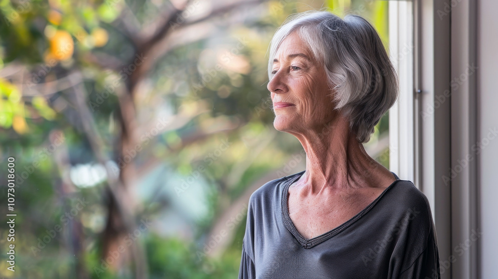 An older woman with gray hair stands by a window, reflecting as she looks outside at a lush garden. The soft sunlight filters through the leaves, creating a serene atmosphere in her well-lit home An older woman with gray hair stands by a window, reflecting as she looks outside at a lush garden. The soft sunlight filters through the leaves, creating a serene atmosphere in her well-lit home