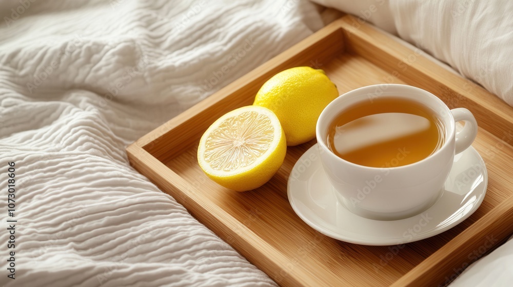 Cozy morning with a cup of tea and fresh lemon on a wooden tray in bed Cozy morning with a cup of tea and fresh lemon on a wooden tray in bed