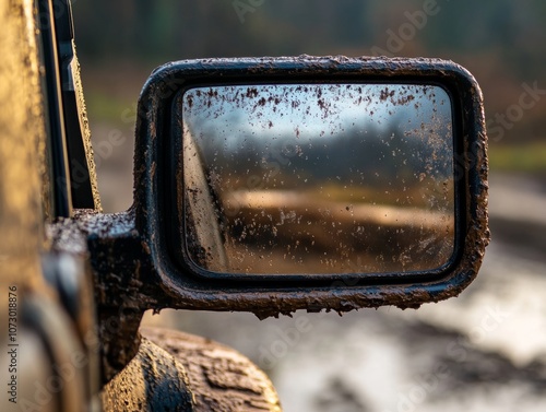 Close up of a mud covered rear view mirror on an off road vehicle practical tool for rugged driving