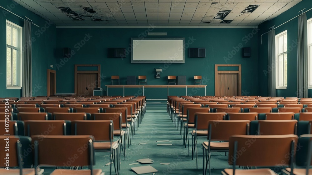 Fototapeta premium Empty lecture halls covered in dust, broken projectors, symbolizing lost education, themes of societal collapse